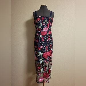 NWT Sam Edelman Navy Blue Peony Embroidery Midi Dress Size 6
